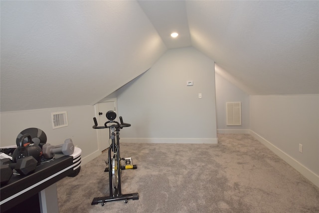 exercise room featuring carpet and lofted ceiling