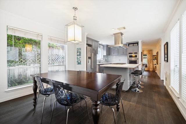 dining room featuring crown molding, dark wood-type flooring, and a wealth of natural light