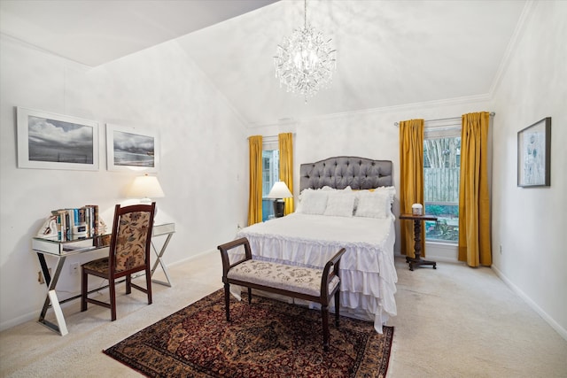 bedroom featuring light carpet, vaulted ceiling, an inviting chandelier, and crown molding