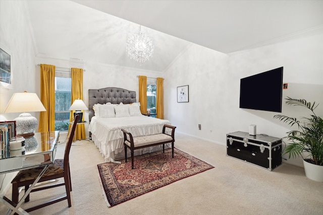 bedroom with crown molding, carpet floors, vaulted ceiling, and an inviting chandelier