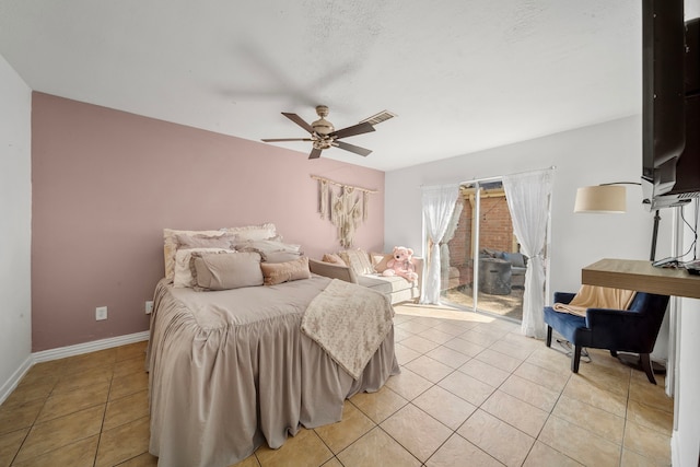 bedroom with access to outside, ceiling fan, and light tile patterned floors