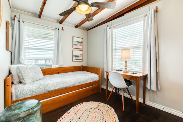 bedroom with ceiling fan, dark hardwood / wood-style floors, and lofted ceiling with beams