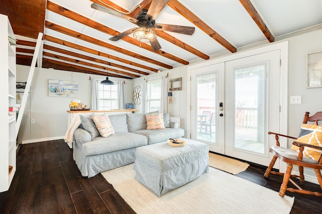 living room with ceiling fan, hardwood / wood-style floors, lofted ceiling with beams, and french doors