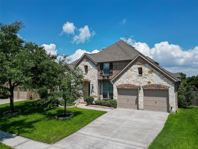 view of front of home featuring a garage and a front lawn