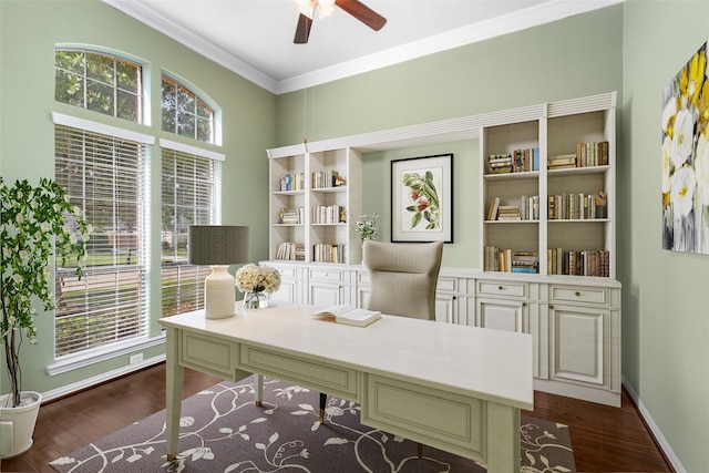 home office with crown molding, dark hardwood / wood-style flooring, and ceiling fan