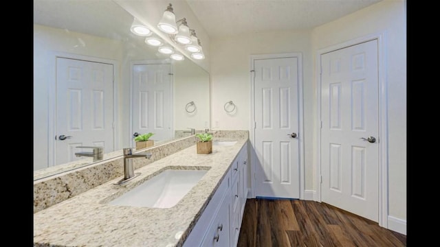 bathroom featuring hardwood / wood-style flooring and vanity