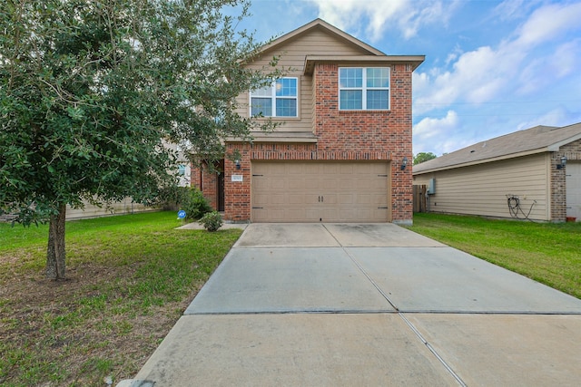 front facade with a garage and a front lawn