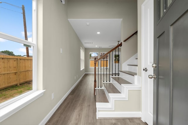 entrance foyer with ceiling fan, plenty of natural light, and hardwood / wood-style floors