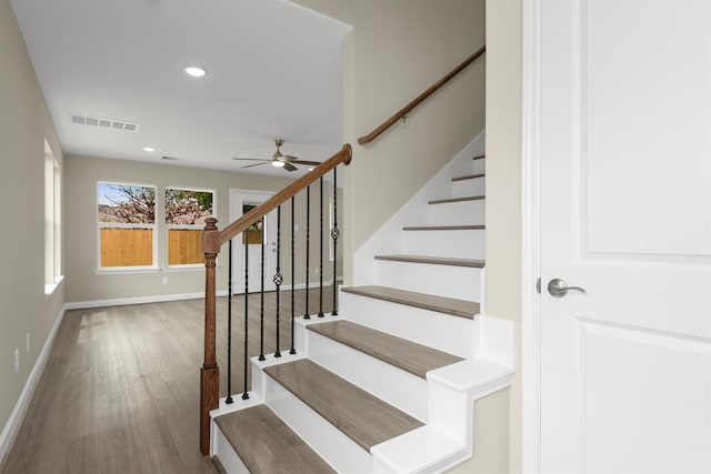 staircase featuring hardwood / wood-style floors and ceiling fan