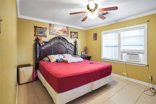 bedroom featuring cooling unit, ceiling fan, crown molding, and light tile patterned floors