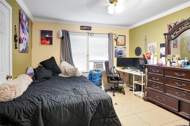 tiled bedroom featuring cooling unit, ceiling fan, and ornamental molding