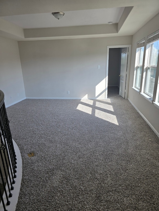 carpeted spare room featuring a tray ceiling