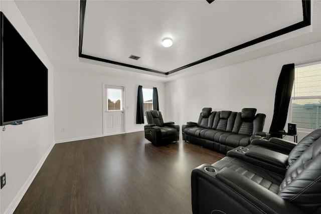 cinema room with dark hardwood / wood-style floors, a textured ceiling, and a tray ceiling