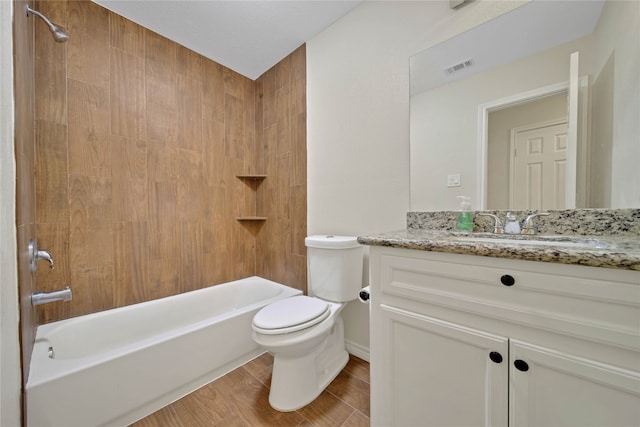 full bathroom with shower / bathing tub combination, vanity, toilet, and wood-type flooring