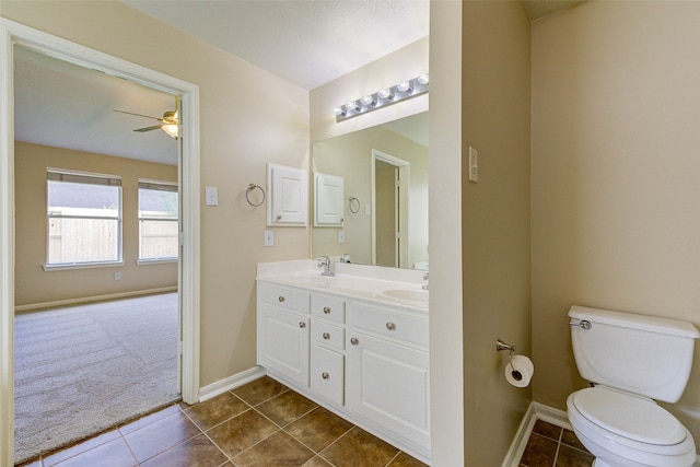 bathroom featuring tile patterned floors, ceiling fan, vanity, and toilet