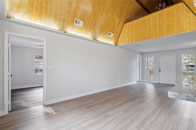 unfurnished living room with hardwood / wood-style floors, high vaulted ceiling, and wood ceiling