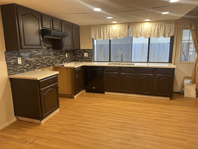 kitchen featuring light hardwood / wood-style floors, dishwasher, sink, and dark brown cabinets