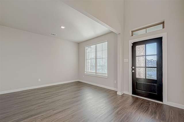 foyer with dark wood-type flooring and a healthy amount of sunlight