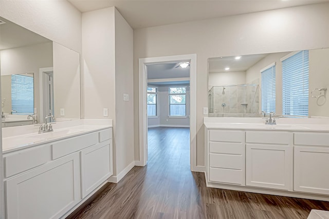 bathroom featuring walk in shower, vanity, and hardwood / wood-style flooring