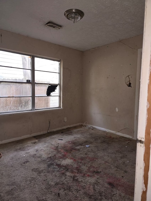 carpeted spare room with a textured ceiling