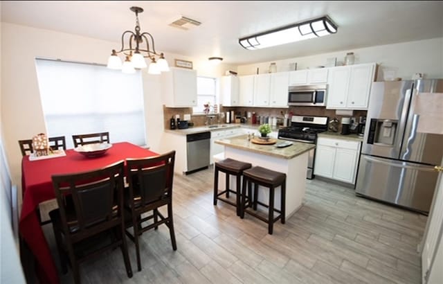 kitchen with white cabinets, a kitchen island, stainless steel appliances, and hanging light fixtures