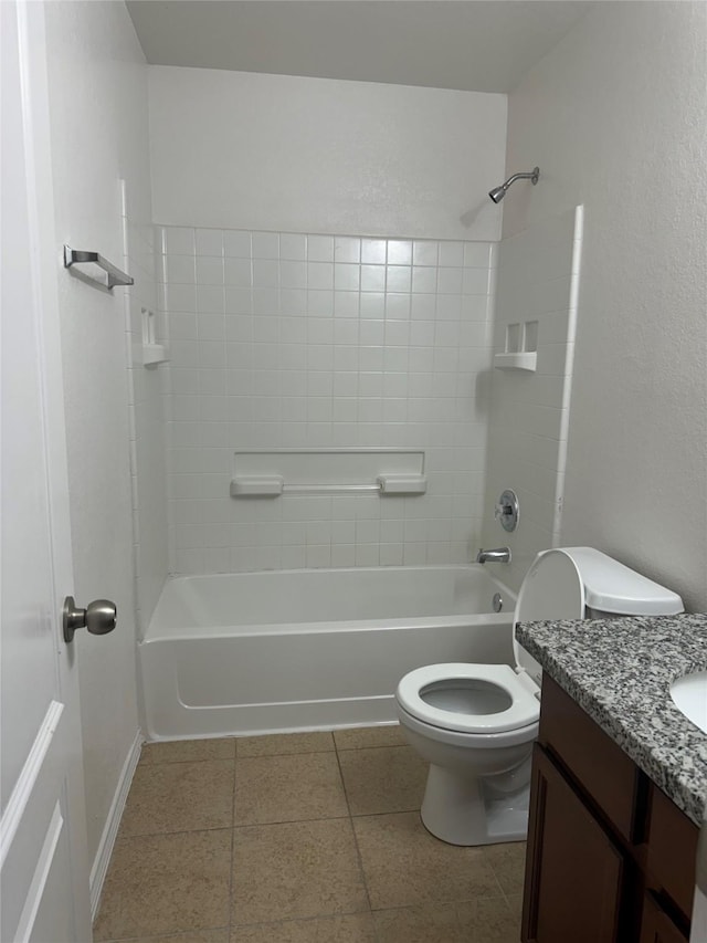 full bathroom with shower / bathing tub combination, vanity, toilet, and tile patterned floors