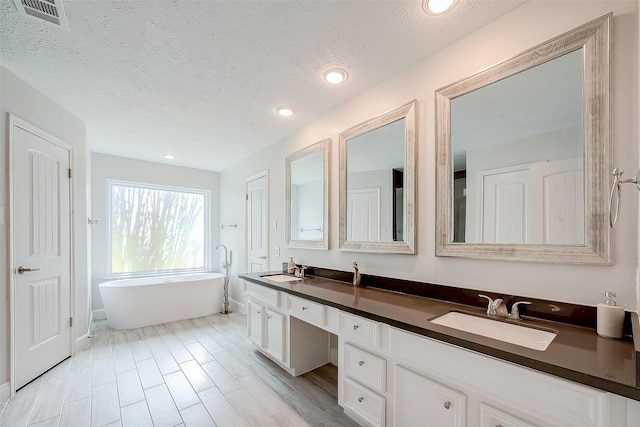 bathroom featuring a washtub, a textured ceiling, and vanity