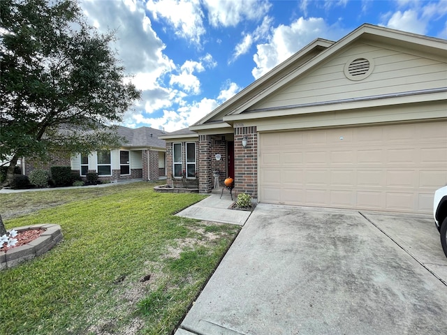 single story home with a garage and a front lawn