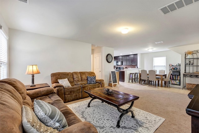 living room with light carpet