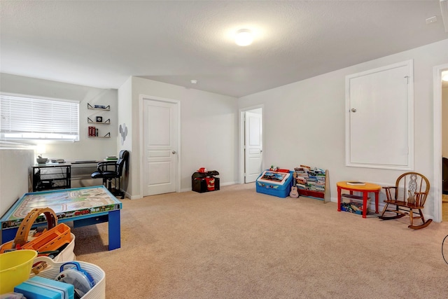 recreation room with carpet floors and a textured ceiling