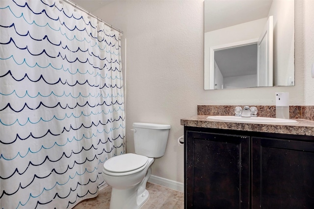 bathroom with a shower with curtain, tile patterned flooring, vanity, and toilet