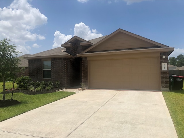 ranch-style house with a garage and a front lawn