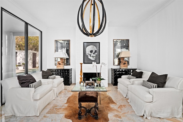 living room featuring crown molding and a brick fireplace