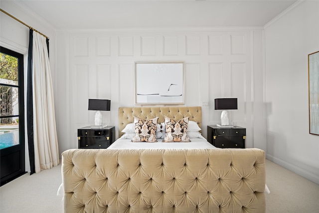 carpeted bedroom with crown molding