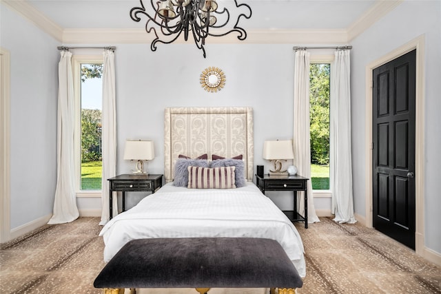 carpeted bedroom featuring ornamental molding and multiple windows