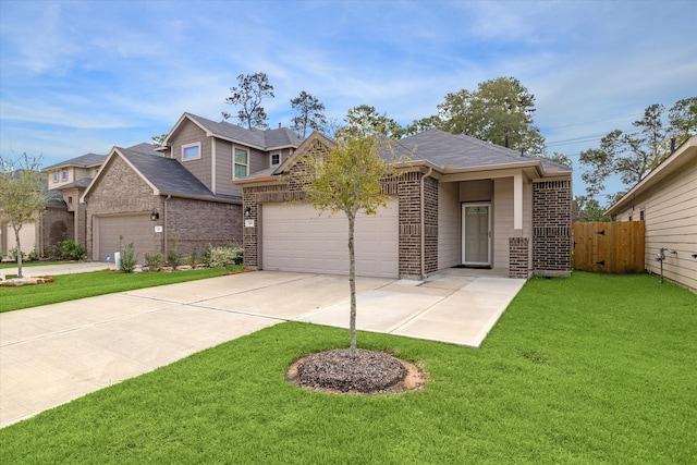 view of front of home with a front yard and a garage