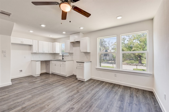 kitchen with white cabinets, light wood-type flooring, backsplash, and sink