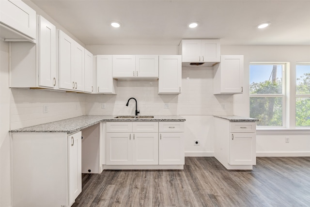 kitchen with backsplash, dark hardwood / wood-style flooring, white cabinetry, and sink