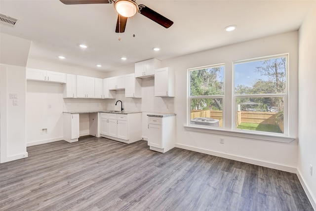 kitchen with white cabinets, light wood-type flooring, ceiling fan, and sink