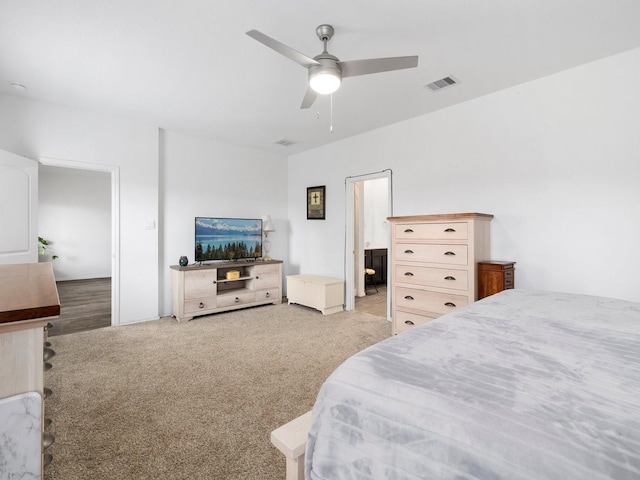 carpeted bedroom with ceiling fan