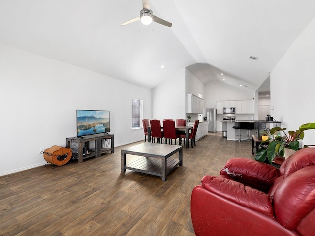 living room with dark hardwood / wood-style floors, ceiling fan, and lofted ceiling