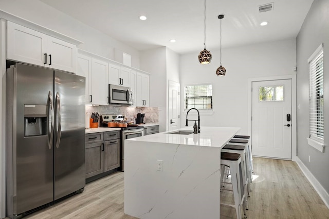 kitchen with decorative light fixtures, white cabinetry, stainless steel appliances, sink, and a center island with sink