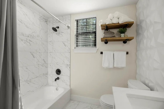 bathroom featuring toilet and shower / tub combo with curtain