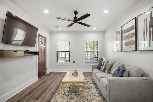 living room with ceiling fan and hardwood / wood-style floors