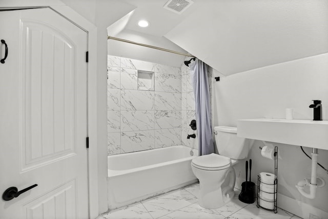 full bathroom with toilet, sink, shower / bath combo with shower curtain, and lofted ceiling