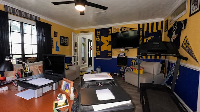 office space with ceiling fan and ornamental molding