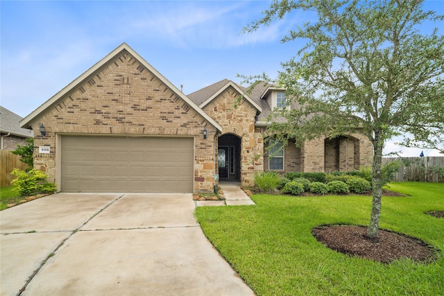 view of front of property with a garage and a front lawn