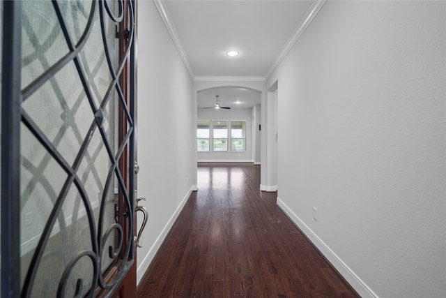 hall featuring dark hardwood / wood-style flooring and crown molding