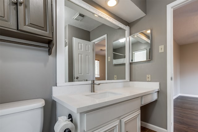 bathroom featuring vanity, wood-type flooring, a textured ceiling, and toilet