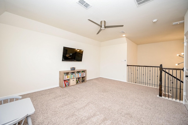 recreation room featuring carpet flooring and ceiling fan